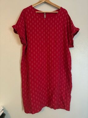 Linen Red Diamond-Print Midi Shift Dress - Casual Comfort